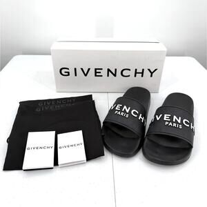 Givenchy Black Embossed Rubber Logo Pool Slides Sandals Size 42